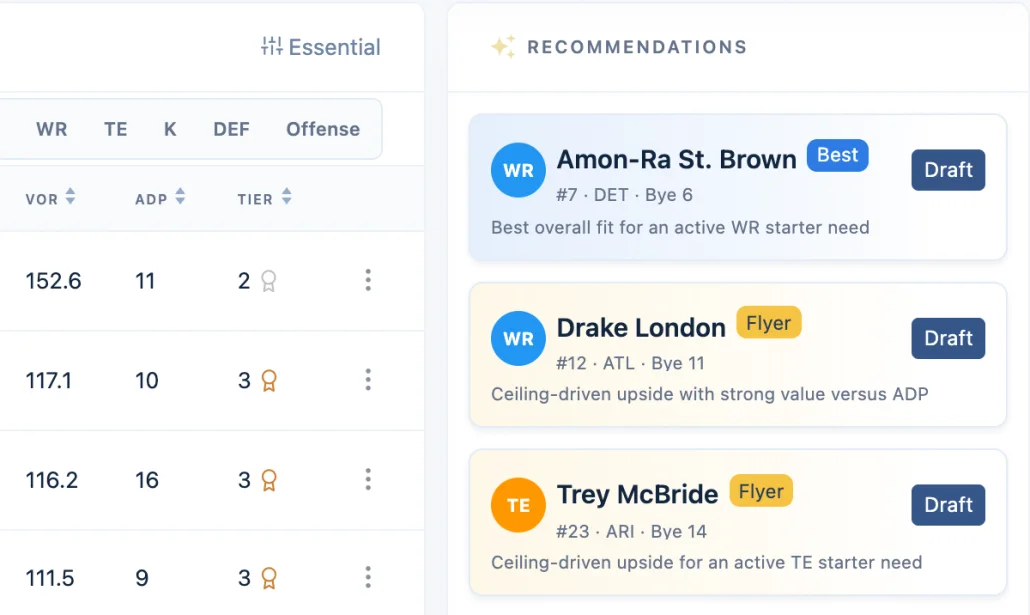 Desktop recommendations rail beside a narrow slice of the draft player table, showing three live options with strategy labels and rationale